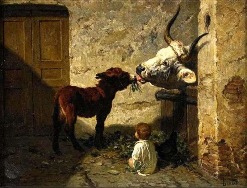 Valerio Laccetti - Bambino, mucca e asinello nella stalla